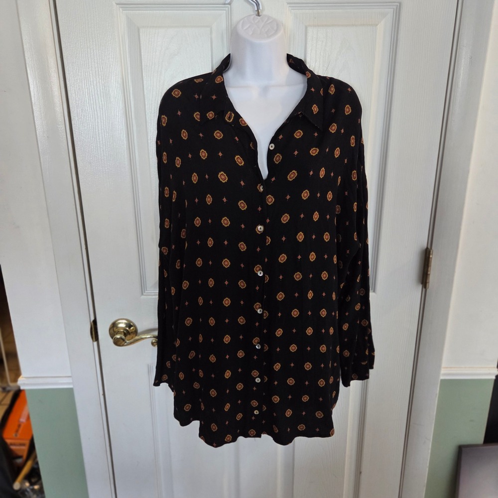 Intimately Free People M Black Medallion Print Button Down Shirt Blouse Boho
